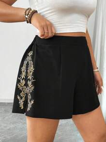 SHEIN Clasi Shorts Plus Size com Design Floral Bordado Lateral, Casual - Preto - Visão 5