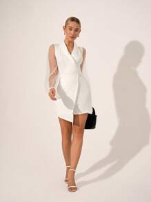 SHEIN Clasi 女士纯色高领拼接网眼长袖连体衣 - 白色 - 查看 6