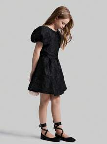 Ontre Conjunto de 2 piezas para niña preadolescente con camisa de mangas con forma de pétalo de tejido jacquard y falda entallada