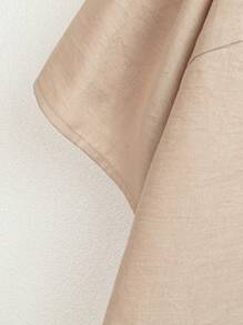 Linhara Plus Size Contrast Color Button-Up Textured Fabric Short Sleeve Shirt, Faux Layered Look - Khaki - View 4