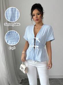 Elenzga Women's Short Sleeve Casual Plaid Collar Tie Shirt - Baby Blue - View 3