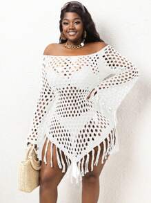 Slaydiva Áo choàng đan tua rua hở vai cỡ lớn - trắng - Xem 6
