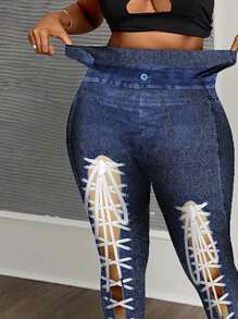 Slaydiva Denim Effect Ripped Bow Design Stretchy Leggings For Women, Summer - Multicolor - View 4