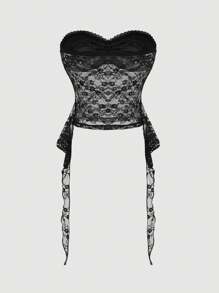 SHEIN MOD Women's Lace See-Through Ruffle Hem Sexy Bralet Top,Western Women,Easter Women,Beach Top,Rave - Black - View 2