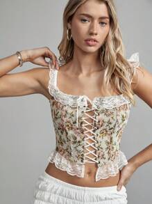 Easelle 女士蕾丝边花卉提花修身时尚上衣 - 彩色 - 查看 8