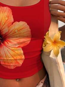 SHEIN EZwear Top tipo camiseta de mujer con estampado tropical de flores, casual, para playa, vacaciones, versátil, sexy