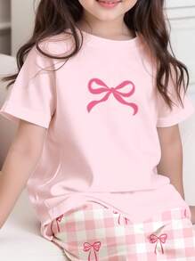 SHEIN Leap Crew Tween Girls Casual Check Bow Pattern Loose Round Neck Short Sleeve T-Shirt And Wide Leg Pants Homewear Set, Suitable For Summer - Multicolor - View 3