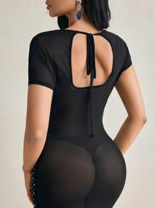 KATLO SKEYS Black Elegant Sparkling Rhinestone See Through Bodycon Deep V Neck Cut Out Back Sexy Maxi Dress For Party, Rave, Wedding, Prom Dress - Black - View 7