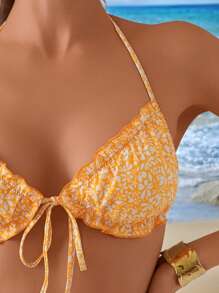 SHEIN Swim Women 3 Piece Beach Outfits, Random Ditsy Floral Halter Neck Tied Waist Beach Dress, Summer Swimwear - Orange - View 4