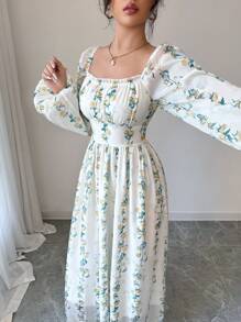 Modelyn Women Elegant Vertical Striped Square Neck Cinched Waist A-Line Dress, Spring/Summer - Yellow - View 5