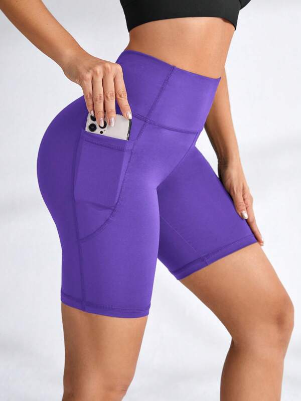 SHEIN Sport Studio Pantaloni scurți sport casual pentru femei, culoare solidă, cu talie înaltă, cu buzunar, stil motociclist