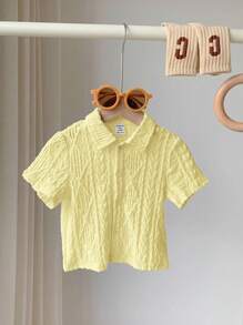 SHEIN LMoss Kids Unisex Baby Casual Solid Color Hollow-Out Soft Knitted Round Neck Short Sleeve Cardigans - Yellow - View 3