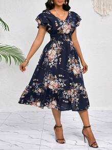 SHEIN Lady Floral Print Ruffle Trim Pleated Hem Belted Dress Midi Dress Casual Everyday Elegant Party Four Seasons Birthday&Event Dresses /Office Dresses /Holiday Dresses,Tea Party Dress,Summer Dresses For Women Casual Dresses For Women Women Clothing Dresses Women Midi Dresses Women Dresses Floral Women Clothing Summer Dresses - Blue and White - View 5