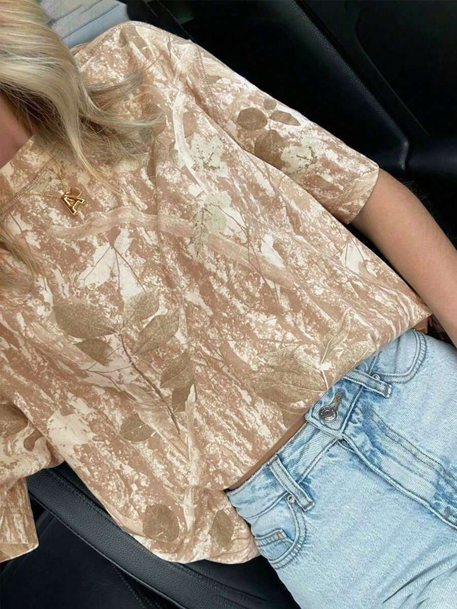 SHEIN EZwear Áo thun nữ cổ tròn tay ngắn in hình cành cây thường ngày - Nhiều màu - Xem 1