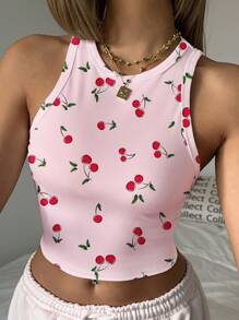 CovetEZ 休闲简约樱桃印花粉色圆领修身女式背心，适合夏季 - 粉色 - 查看 5