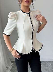 Elenzga 女士撞色饰边短袖衬衫，简约时尚，适合夏季 - 米色 - 查看 5