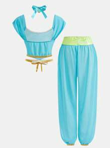 3 件套少女服装，包括上衣、裤子和头带 - 藍色 - 查看 2