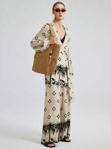 Ontre Apricot Coconut Tree Print Elastic Waist Wide Leg Casual Pants