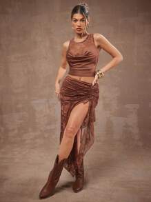 Hauture Women's Boho High Slit Ruched Brown Floral Lace Handkerchief Hem Maxi Skirt,Summer Seductive Night Spring Long Skirts - Brown - View 5
