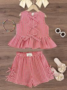 SHEIN Conjunto de 2 piezas de blusa sin mangas con decoración de lazo y dobladillo con volantes a cuadros rojos y blancos, y shorts casuales para niñas preadolescentes, adecuado para primavera/verano, salidas diarias, viajes de primavera, vuelta al colegio