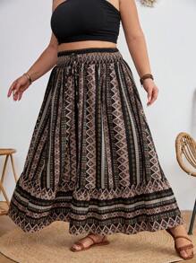 SHEIN CURVE+ Jupe évasée A-Line avec patchwork rayé à nouer à la taille, convient pour les vacances d'été à la plage en mode bohème