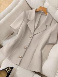 Franclia Elegant French Style Casual Versatile Short Sleeve Fitted Pearl Metal Button Blazer Jacket Top For Women, Spring And Summer