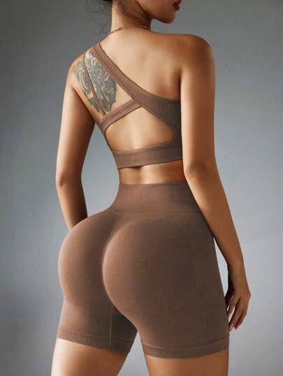 Hauture Conjunto deportivo de top con corte en el hombro y shorts sin costuras para mujer