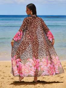 SHEIN Swim Women 3Pcs Summer Outfits: Halter Floral & Leopard Print Top, Thong Bikini Bottoms, And Sheer Long Sleeve Cover Up Beach Swimwear Set - Multicolor - View 2