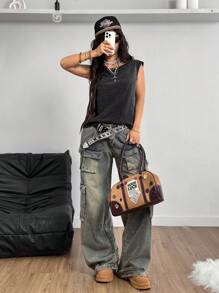 Coolane Camiseta de mujer para primavera/verano con estilo vintage grunge, manga ultra corta, lavado sucio y cómoda