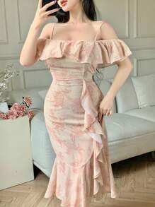 DAZY Plus Size Women's Asymmetric Ruffle Trim Slip Dress Floral,Milkmaid Dress - Pink - View 6