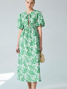 Aveloria Modichic Váy suông chữ A hở lưng họa tiết lá và hoa thanh lịch dành cho nữ - màu xanh lá - Xem 3