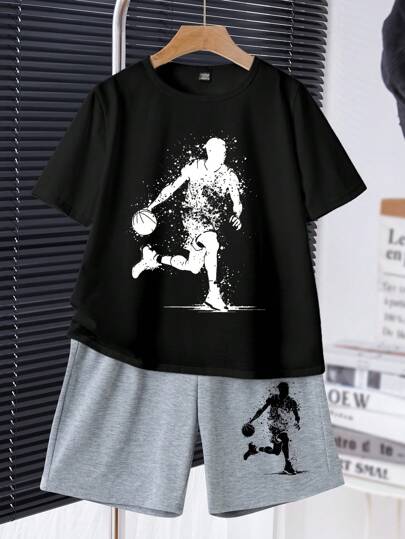 SHEIN 2 件套青少年男孩休闲卡通图案圆领短袖 T 恤和短裤，夏季套装