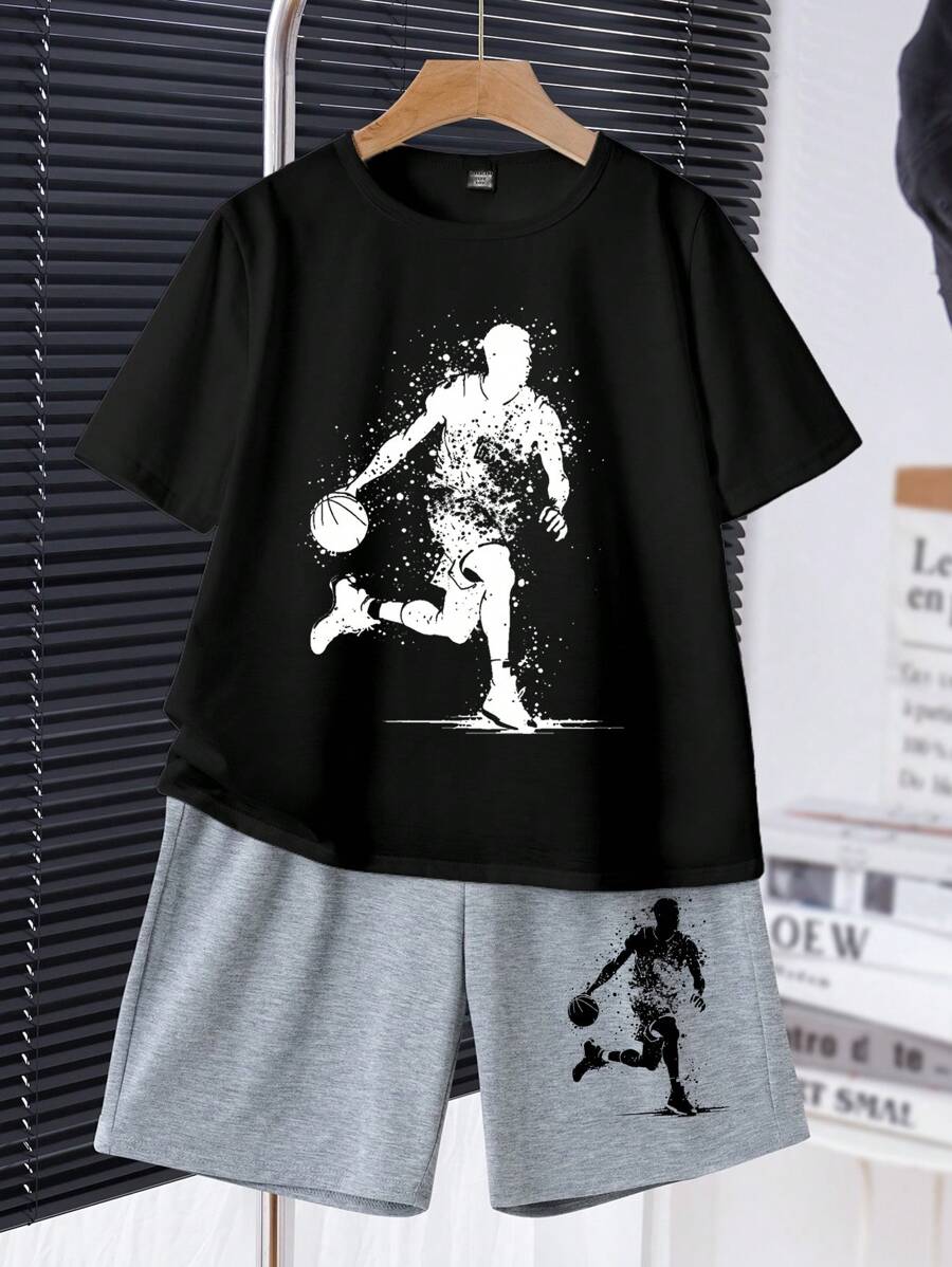 SHEIN 2 件套青少年男孩休闲卡通图案圆领短袖 T 恤和短裤,夏季套装 - 灰色 - 查看 1