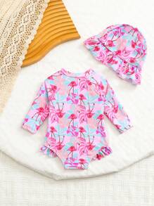 SHEIN Newborn Baby Tropical Plants Print Long Sleeve Romper Swimsuit