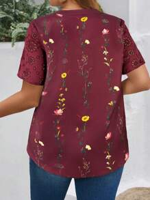 EMERY ROSE Plus Size Women'S Printed Hollow Out White Floral Shirt For Spring