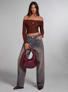 SHEIN BAE Women's Fashion Solid Color Off Shoulder Ruched Slim Fit T-Shirt