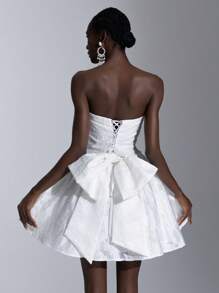 Elitara Vestido de satén con bustier elegante y lujoso con detalle de lazo oversize, adecuado para bodas, fiestas, vacaciones, banquetes y regalos de novia - Blanco - Ver 3