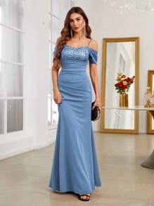 SHEIN Belle Burgundy Red Cold Shoulder Contrast Sequin Mermaid Hem Formal Dress