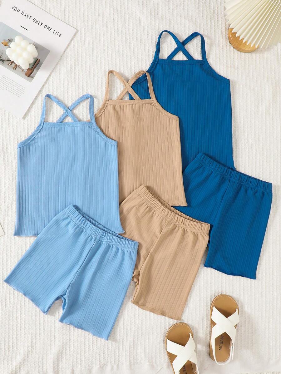 2pcs/Set Young Girl Spring/Summer Casual Sleeveless Top & Solid Color Sports Shorts Set, Toddler/Children - Multicolor - View 1