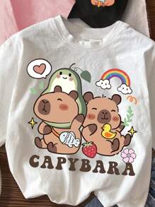 SHEIN Bộ 3 Áo thun tay ngắn cổ tròn họa tiết capybara dễ thương cho bé gái, thích hợp cho mùa hè - Nhiều màu - Xem 3