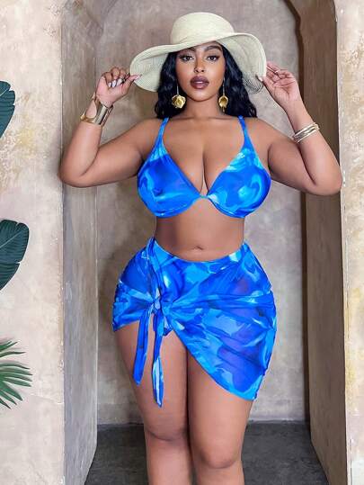 Slaydiva 大码女式 3 件套：细肩带上衣、三角内裤和网纱裹身裙、度假印花比基尼泳装套装