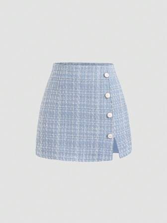 Sweetra Women's Fashion Versatile Pink Tweed High Waist A-Line Mini Skirt With Decorative Buttons