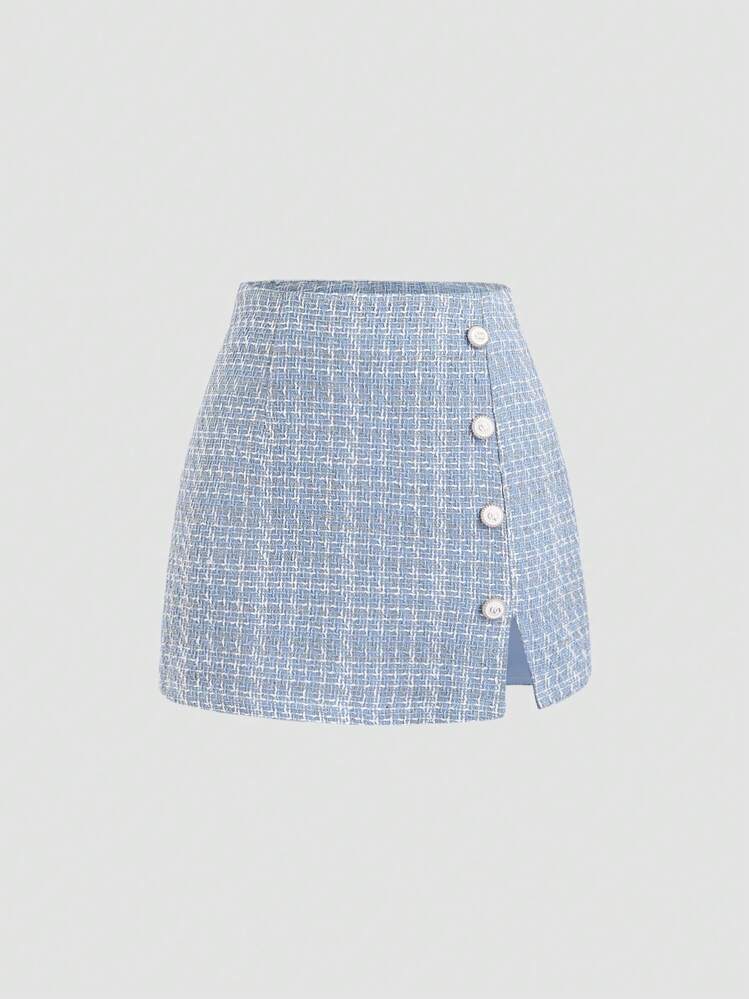 Sweetra Jupe mini à taille haute évasée en tweed rose polyvalente pour femmes avec boutons décoratifs