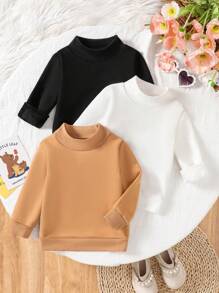 3 件装女婴休闲纯色保暖内衬立领长袖 T 恤，秋冬款 - 彩色 - 查看 1