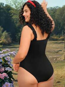 Swim Mod Plus Size Women's One-Piece Swimsuit With Ruffle Trim And Bow Decoration, Cute And Sweet For Beach Holiday