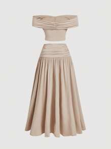 SHEIN MOD Plus Size Women's Elegant Khaki Two Pieces Set Women: Off-Shoulder Top & Skirt,Valentines Clothes,Summer Vacation,Spring/Summer,Brunch,Vintage 2 Pieces Set For Woman,Vacation Two Pieces Set,Beach Outfits For Woman,Western Wear Women,Country Concert Outfit,Beach Vacation,Easter - Apricot - View 2