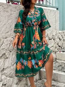 Breezaya Vestido de vacaciones de talla grande con estampado tropical y cuello de solapa profunda para uso en occidente - Multicolor - Ver 1