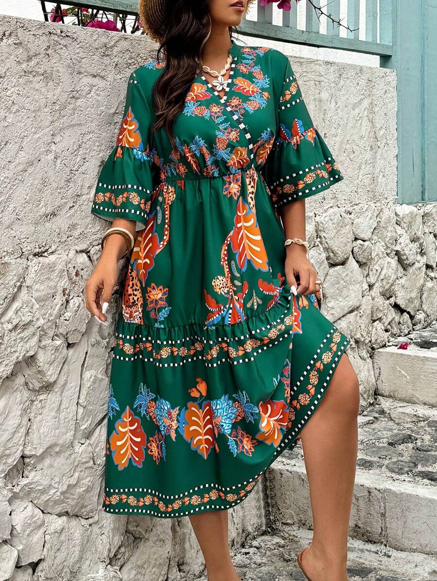 Breezaya Vestido de vacaciones de talla grande con estampado tropical y cuello de solapa profunda para uso en occidente - Multicolor - Ver 1