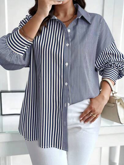 Calvaya Plus Size Women's Stripe Drop Shoulder Long Sleeve Casual Blouse Fall Cloth For Women