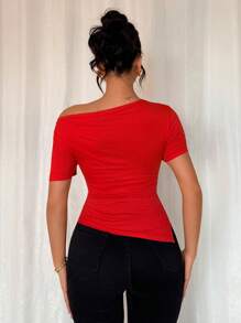 Rafferiza Women's Plain Color Fashionable Fitted Asymmetric Neck Ruched T-Shirt, Red Top - Red - View 2